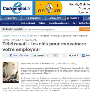 Négocier un télétravail: Itw sur Cadremploi